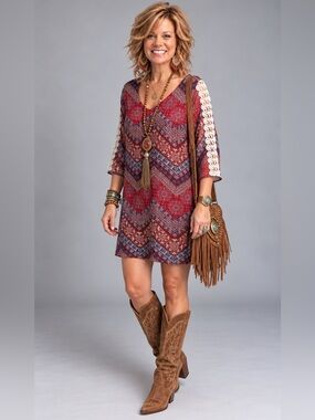 Pink Owl Multi Colored Boho Semi Sheer Lined Long Sleeve Mini Dress Top Size Med